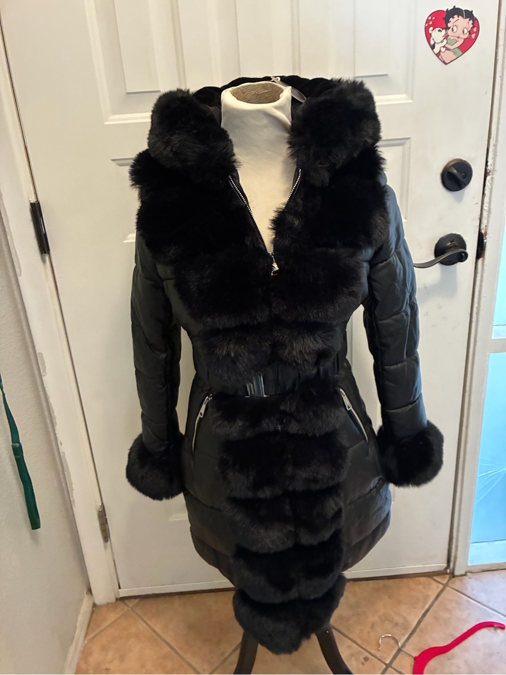 Black Faux Fur Trim Quilted Women's Coat